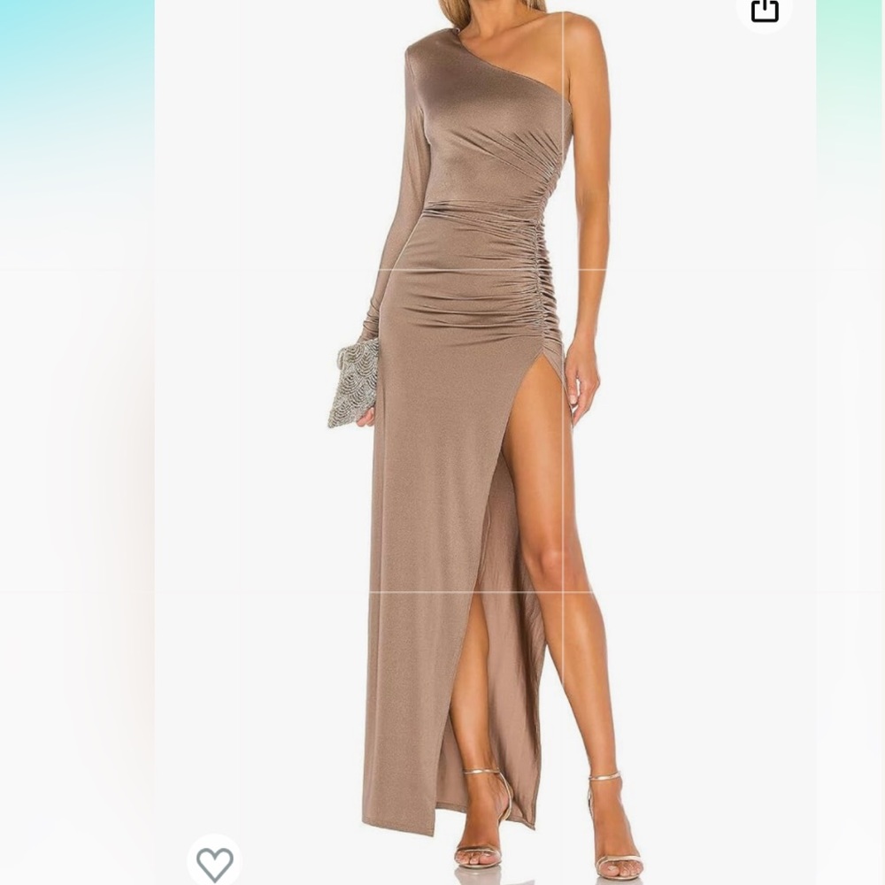 One shoulder bronze formal dress slit